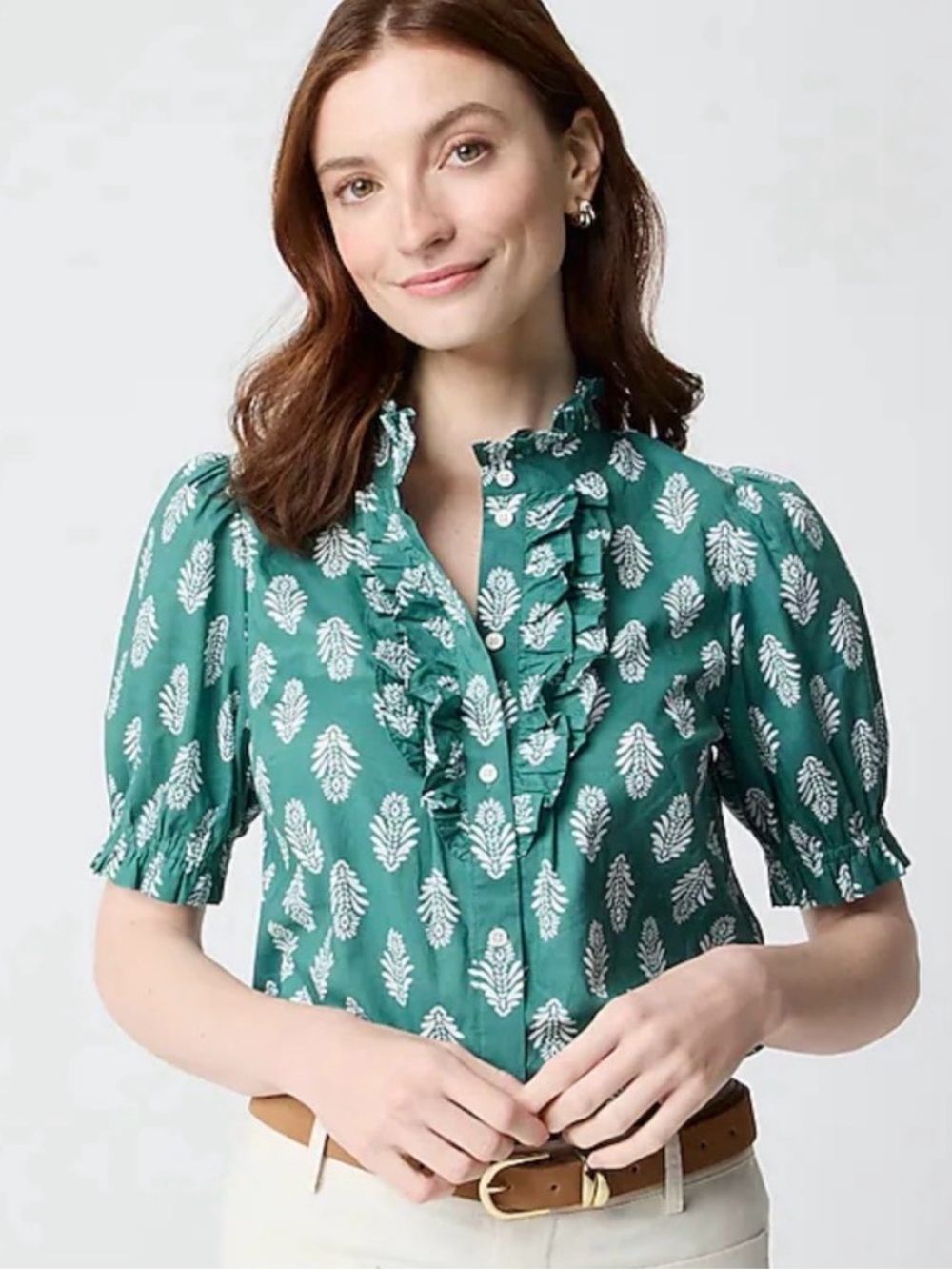 J Crew Green Printed Ruffle Front Blouse, size M - Picture 2 of 3
